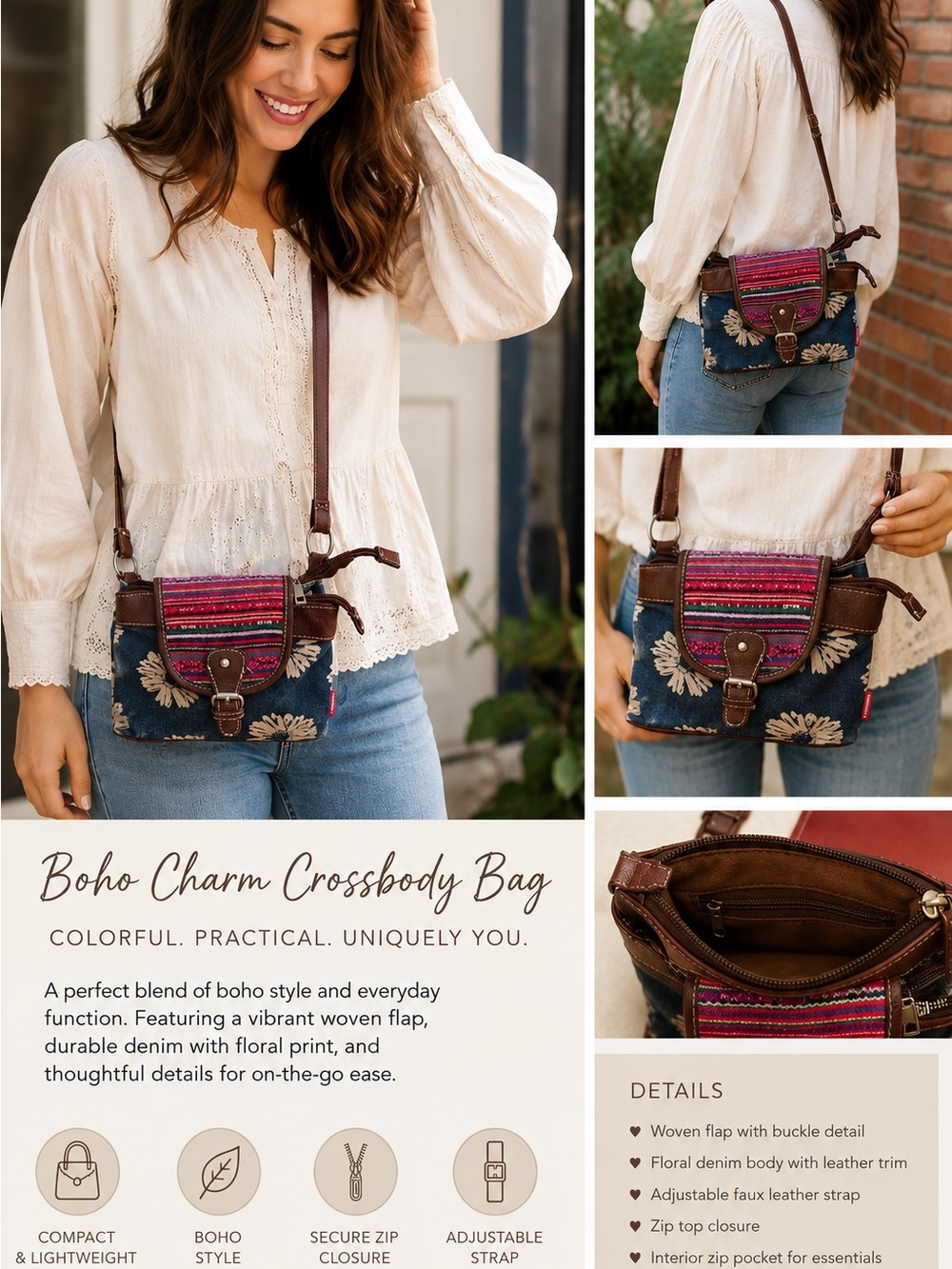 UNIONBAY Denim Floral Crossbody with Pink Woven Flap